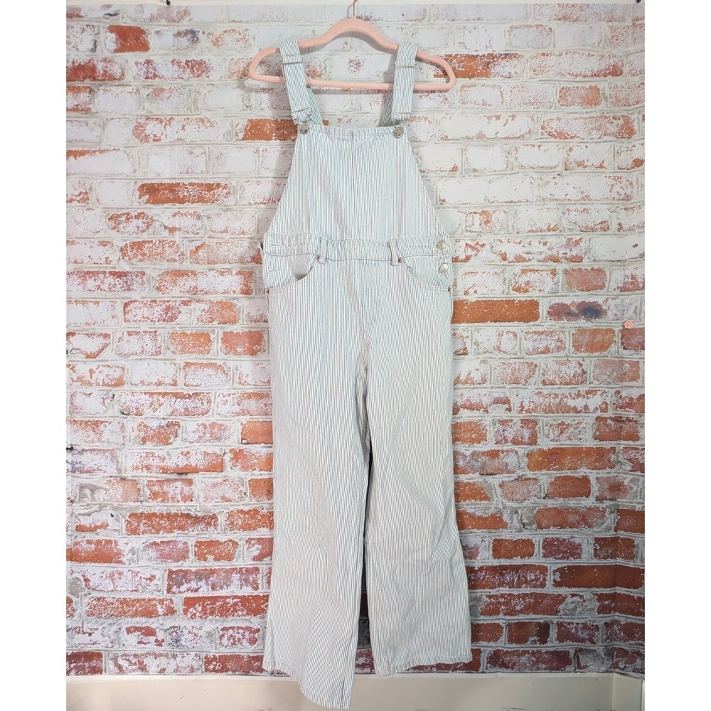 Zara Striped Denim Overalls Womens M Blue White Hickory Stripe Wide Leg dungaree - Picture 1 of 4